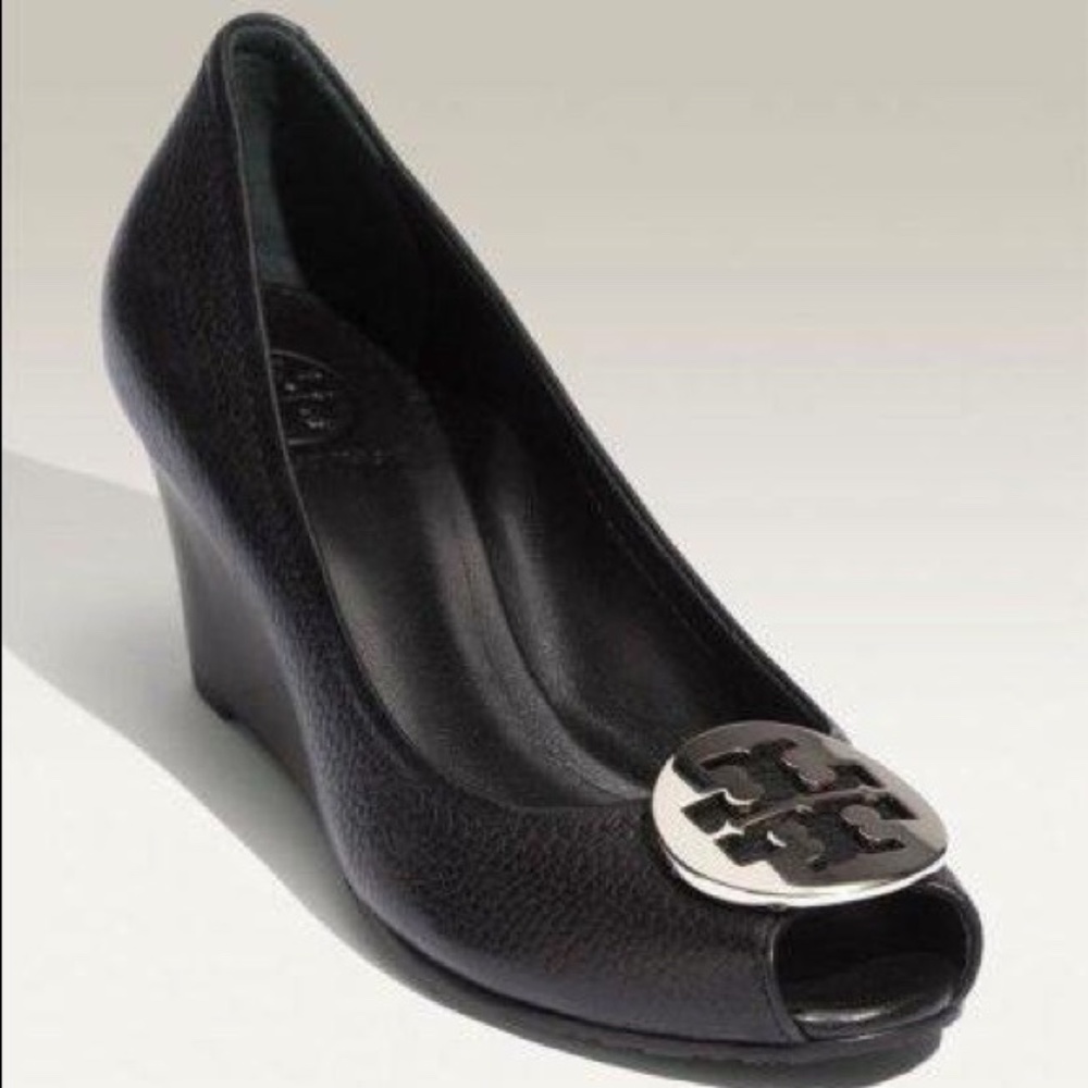 Tory Burch Black Leather Sally 2 Peep Toe Wedge